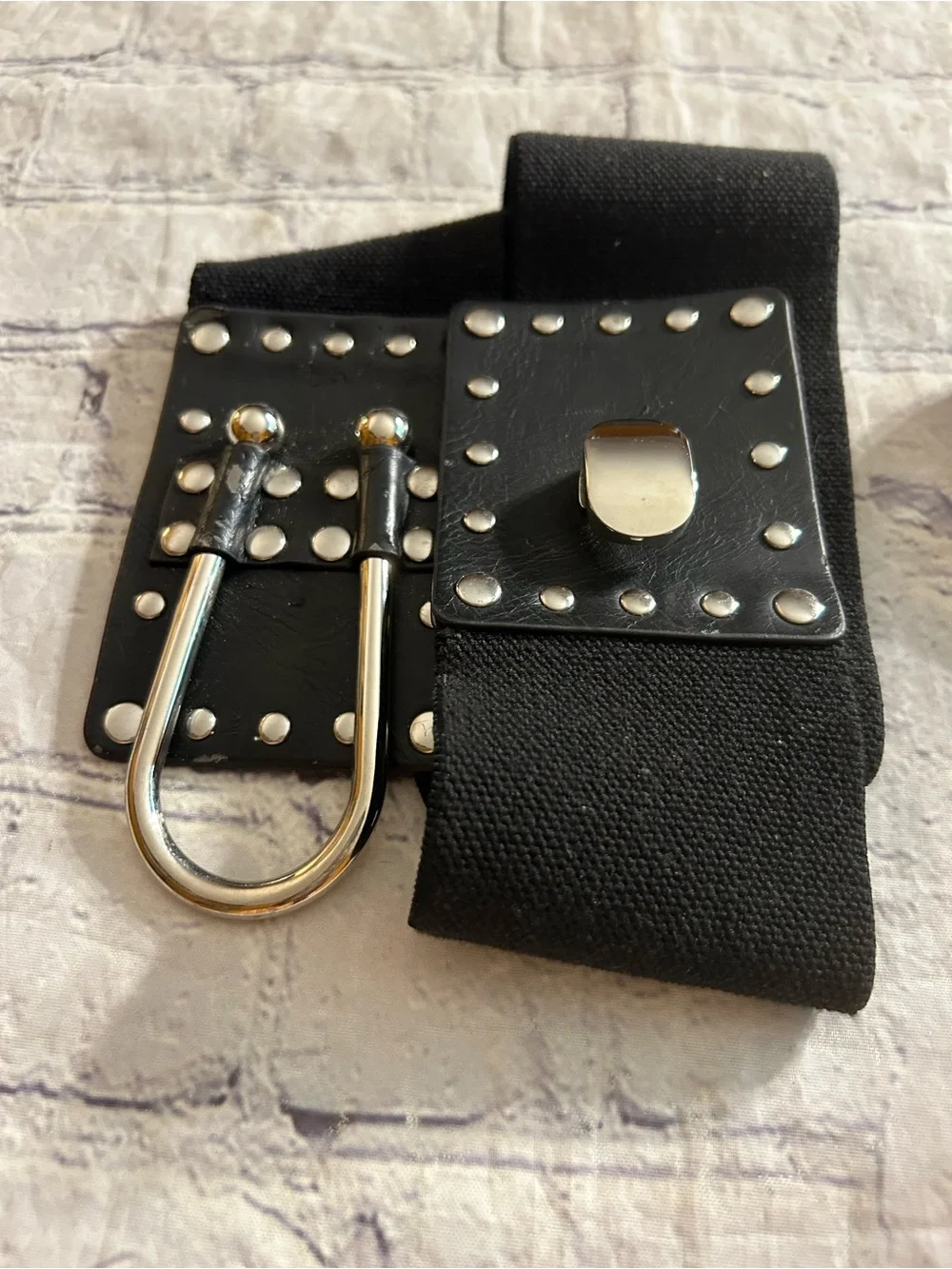 LOT OF (2) BLACK WITH SILVER TONE HARDWARE BIKER STRETCH WIDE BELTS SIZE LARGE
